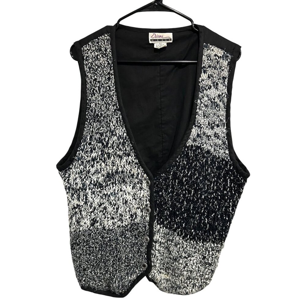 Vintage Diana Marco Black White Knit Button Front Vest Sz 2X